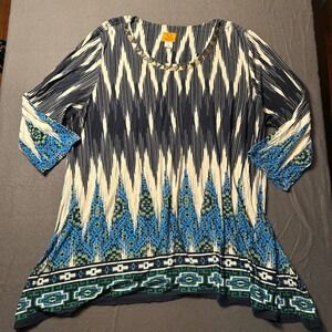 Ruby Rd Tunic Top Embellished Neckline 3/4 Sleeve Patterned Print 2X cozycore